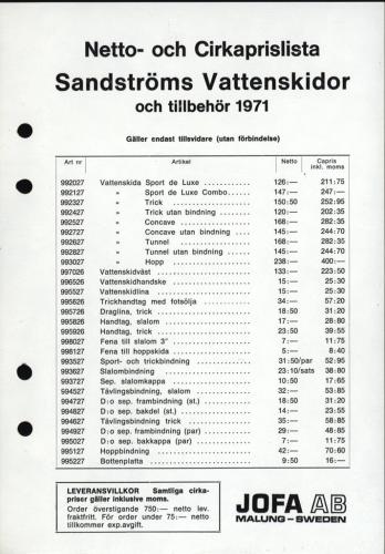 JOFA Oskar Vattenskidor Sandströms vattenskidor nettoprislista 1971 0076